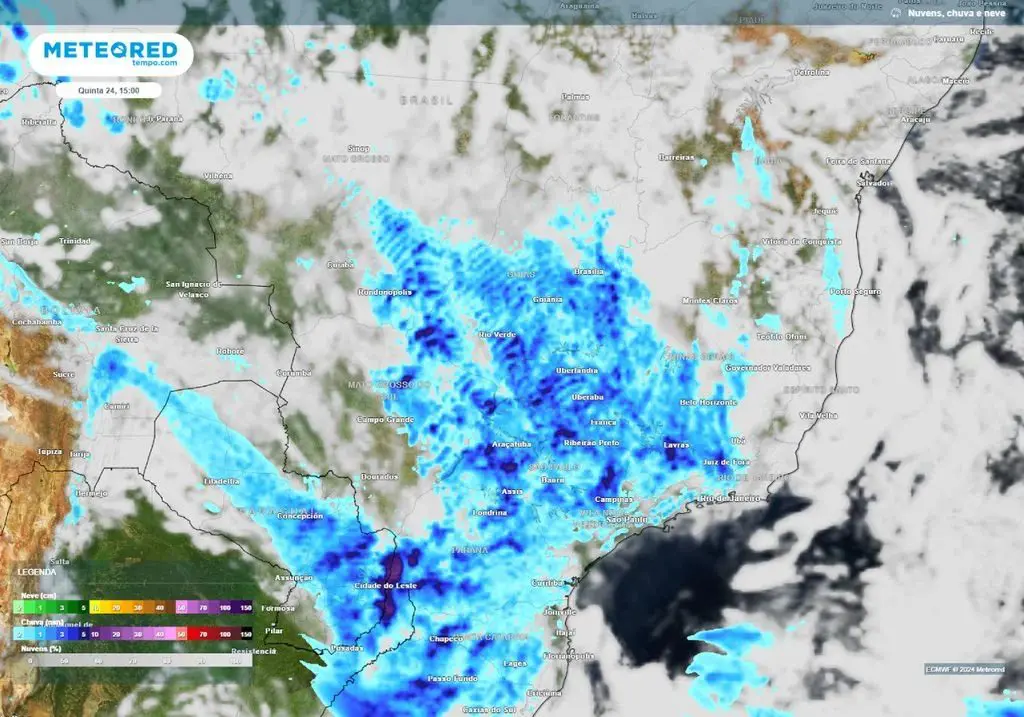 Na quinta-feira 24, um ciclone intenso pode se formar na Região Sul, o que reduz o potencial de chuvas no Brasil Central e no Norte | Foto: Divulgação/Meteored