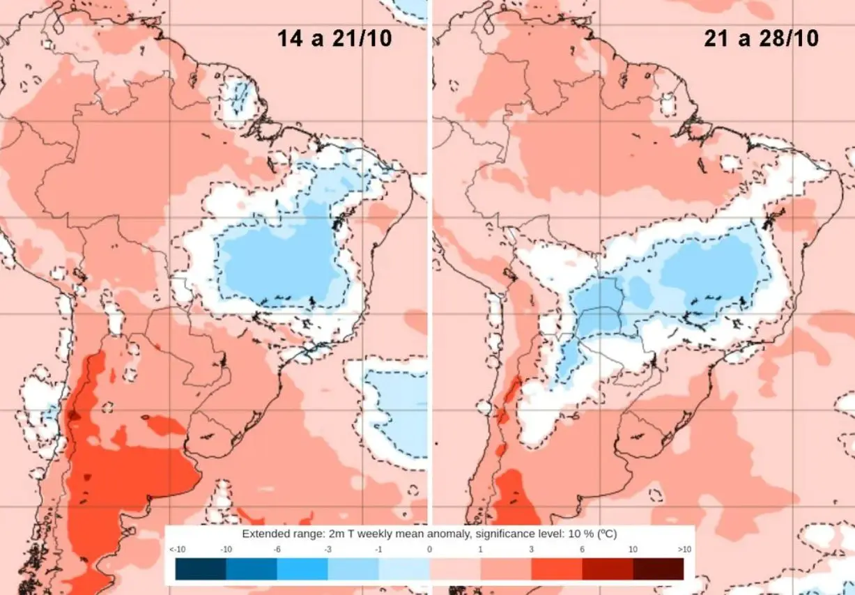 Previsão de anomalia de temperatura do modelo ECMWF para as próximas duas semanas de outubro | Foto: Divulgação/Meteored