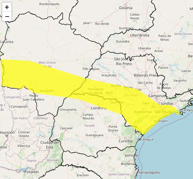 A instabilidade climática teve início à meia-noite deste sábado, com tempestade em 3 Estados: Paraná, São Paulo e Mato Grosso do Sul | Foto: Divulgação/Inmet