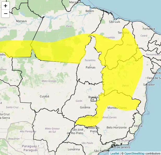 Cenário parecido ocorre parcialmente em outros 12 Estados e no Distrito Federal: Minas Gerais, Bahia, Pará, Maranhão, Pernambuco, Tocantins, Piauí, Goiás, Ceará, Mato Grosso, Rondônia, Amazonas | Foto: Divulgação/Inmet