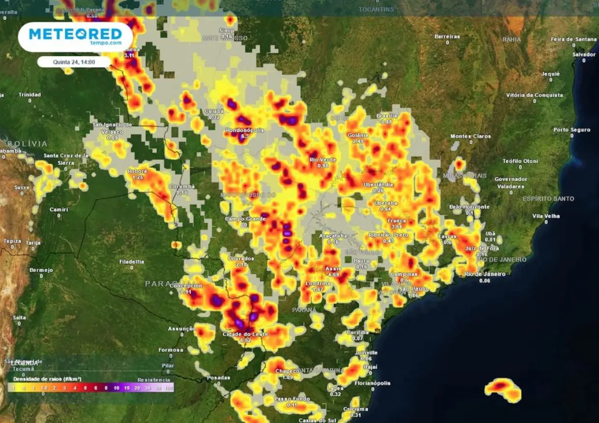 A partir desta quarta-feira, 23, tempestades mais abrangentes são esperadas e devem atingir também o Rio de Janeiro e o Espírito Santo | Foto: Divulgação/Meteored
