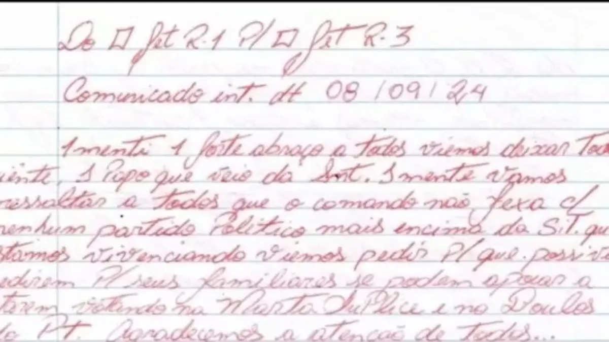 Um dos bilhetes atribuídos ao PCC | Foto: Reprodução/Metrópoles