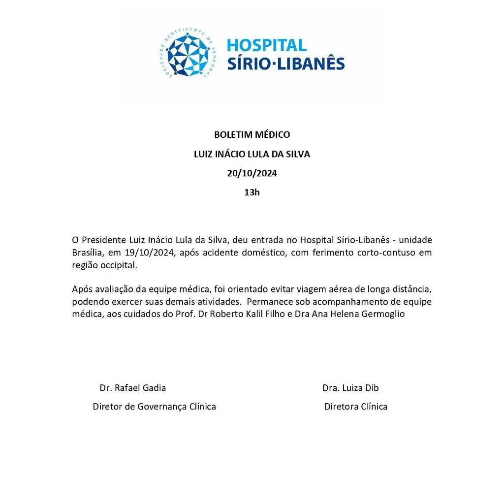 Boletim médico do presidente Lula, publicado no domingo 20 | Foto: Divulgação/Sírio-Libanês