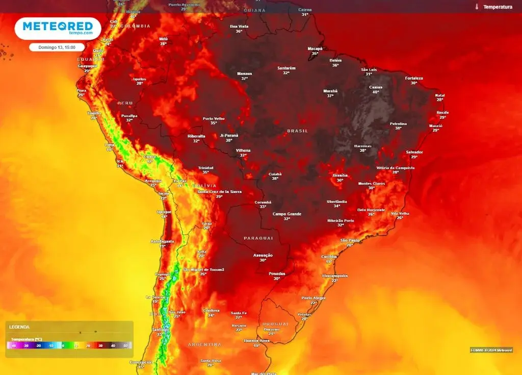 Mapa mostra a tendência de calor no Centro-Oeste do Brasil: temperaturas variam de 30° C a 38° C | Foto: Reprodução/Meteored