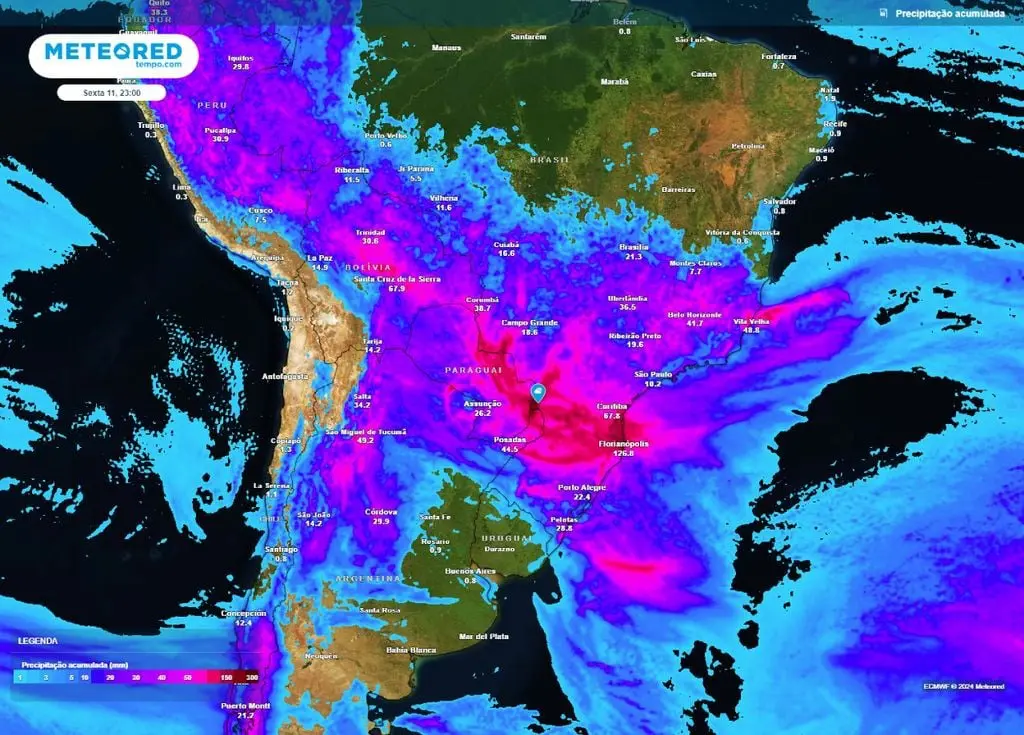 Previsão de chuva acumulada  até a sexta-feira 11: volumes mais expressivos devem ser registrados no norte do Rio Grande do Sul, em Santa Catarina e no sudoeste do Paraná | Foto: Reprodução/Meteored