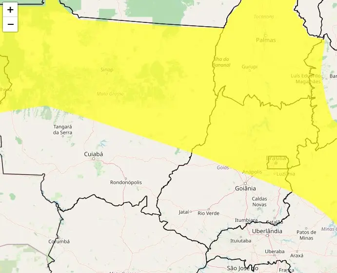 Faixa colorida no mapa de controle meteorológico indica as regiões com perigo potencial em razão das chuvas | Reprodução/Inmet