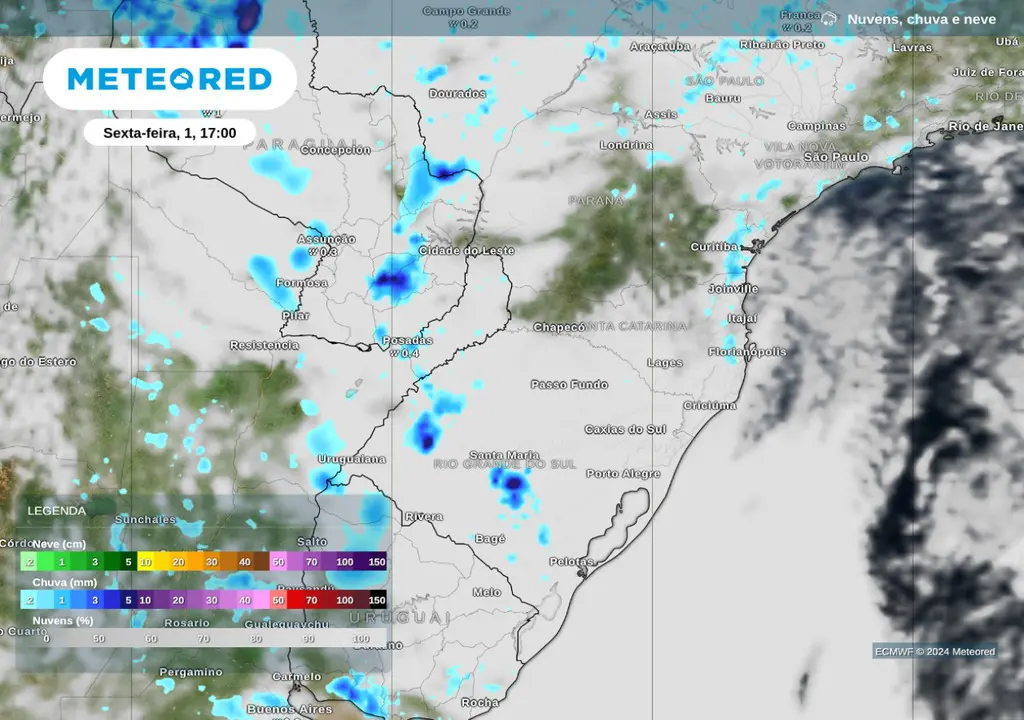 A partir desta sexta-feira, 1º, previsão indica chuva e nebulosidade no final da tarde no Sul do país | Foto: Reprodução/Meteored