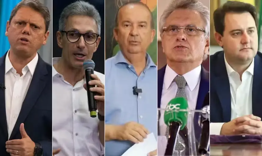 Da esquerda para a direita: Tarcísio de Freitas (Republicanos-SP), Romeu Zema (Novo-MG), Jorginho Mello (PL-SC), Ronaldo Caiado (União-GO) e Ratinho Júnior (PSD-PR) | Foto: Reprodução