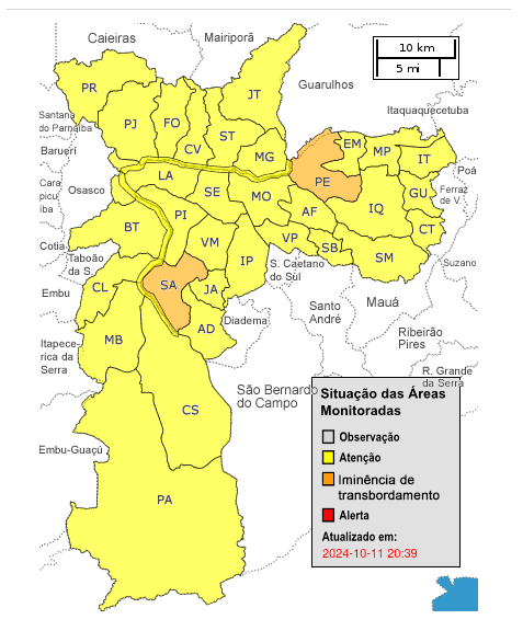 Mapa de áreas em alerta