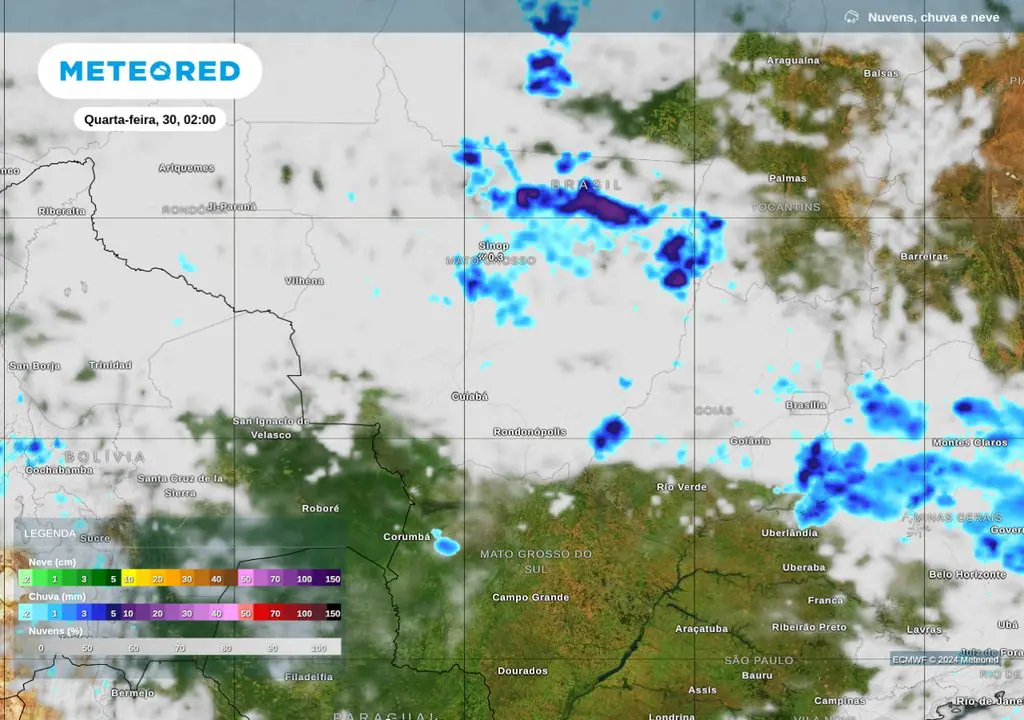 Chuva prevista no Centro-Oeste na madrugada de quarta-feira, 30 | Foto: Reprodução/Meteored