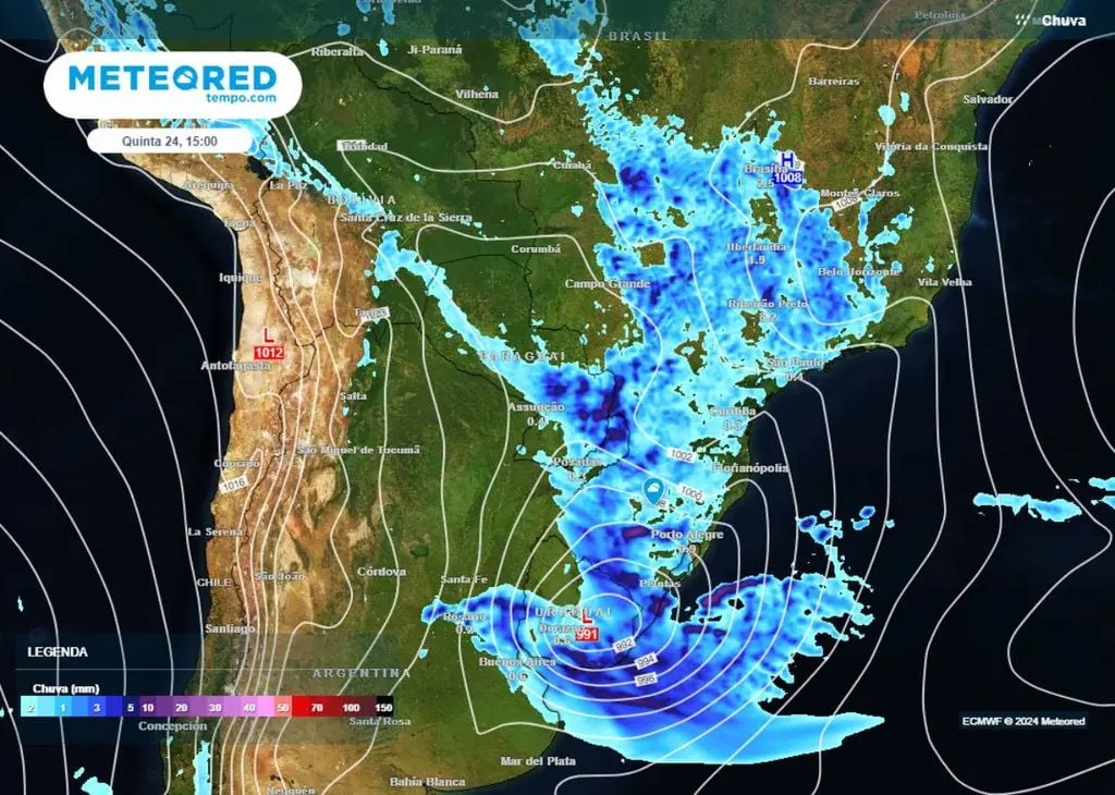 Mapa do Meteored para a previsão de precipitação (em mm) para a quinta-feira, 24, no período da tarde | Foto::