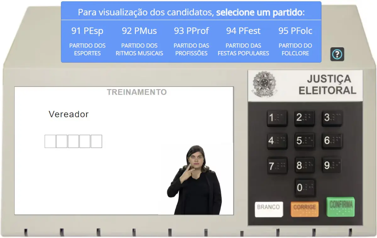 Sistema usa cinco partidos fictícios para que eleitor possa treinar o voto nos candidatos a vereador | Foto: Reprodução/TSE