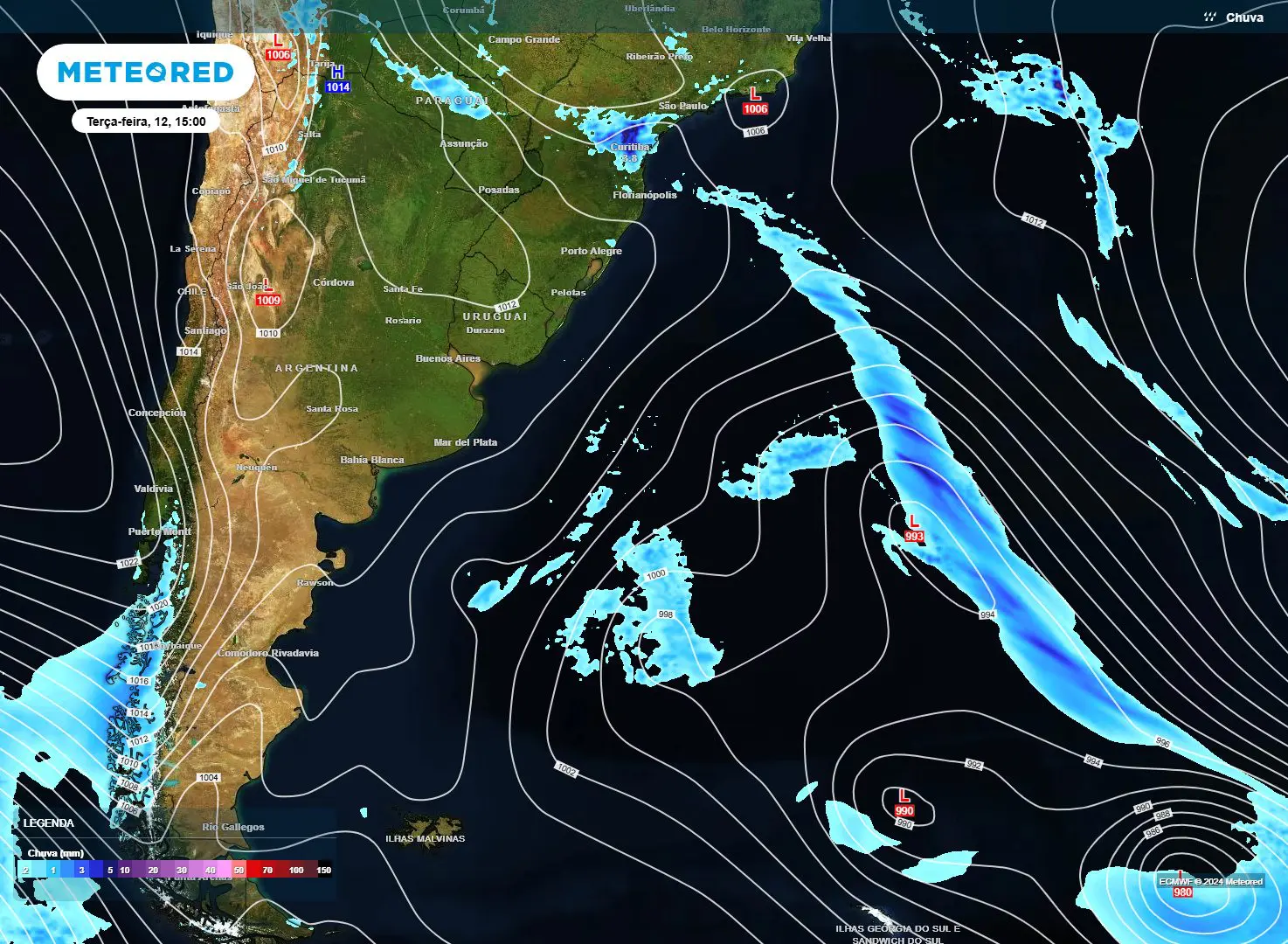 Mapa mostra a previsão de chuva na próxima terça-feira, 12, pelo modelo europeu