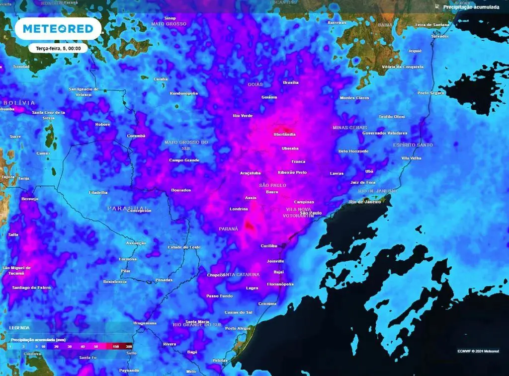 No Centro-Oeste, a segunda-feira será marcada por muita nebulosidade em Goiás, Mato Grosso do Sul e nas partes leste e norte de Mato Grosso | Foto: Divulgação/Meteored