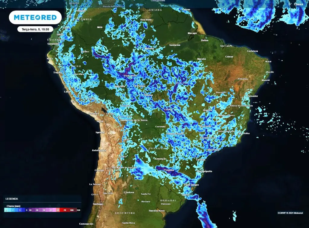 A partir da tarde, há alerta de chuvas intensas e risco de tempestades pontuais em São Paulo, centro-sul e oeste de Minas, assim como no sul e na região serrana do Rio de Janeiro | Foto: Divulgação/Meteored