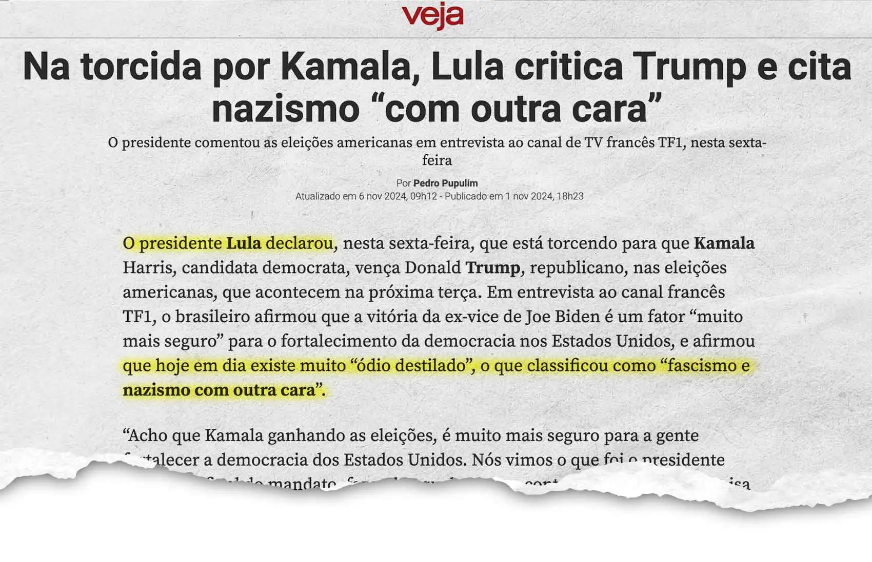 Matéria publicada na Veja (6/11/2024) | Foto: Reprodução/Veja