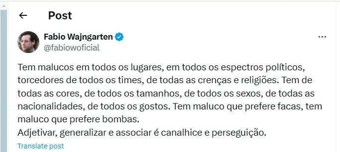 Mensagem do assessor de Bolsonaro, Fábio Wajngarten, sobre supostas associações do 8 de janeiro com as explosões desta quarta-feira nas proximidades do STF | Foto: Reprodução/Twitter/X