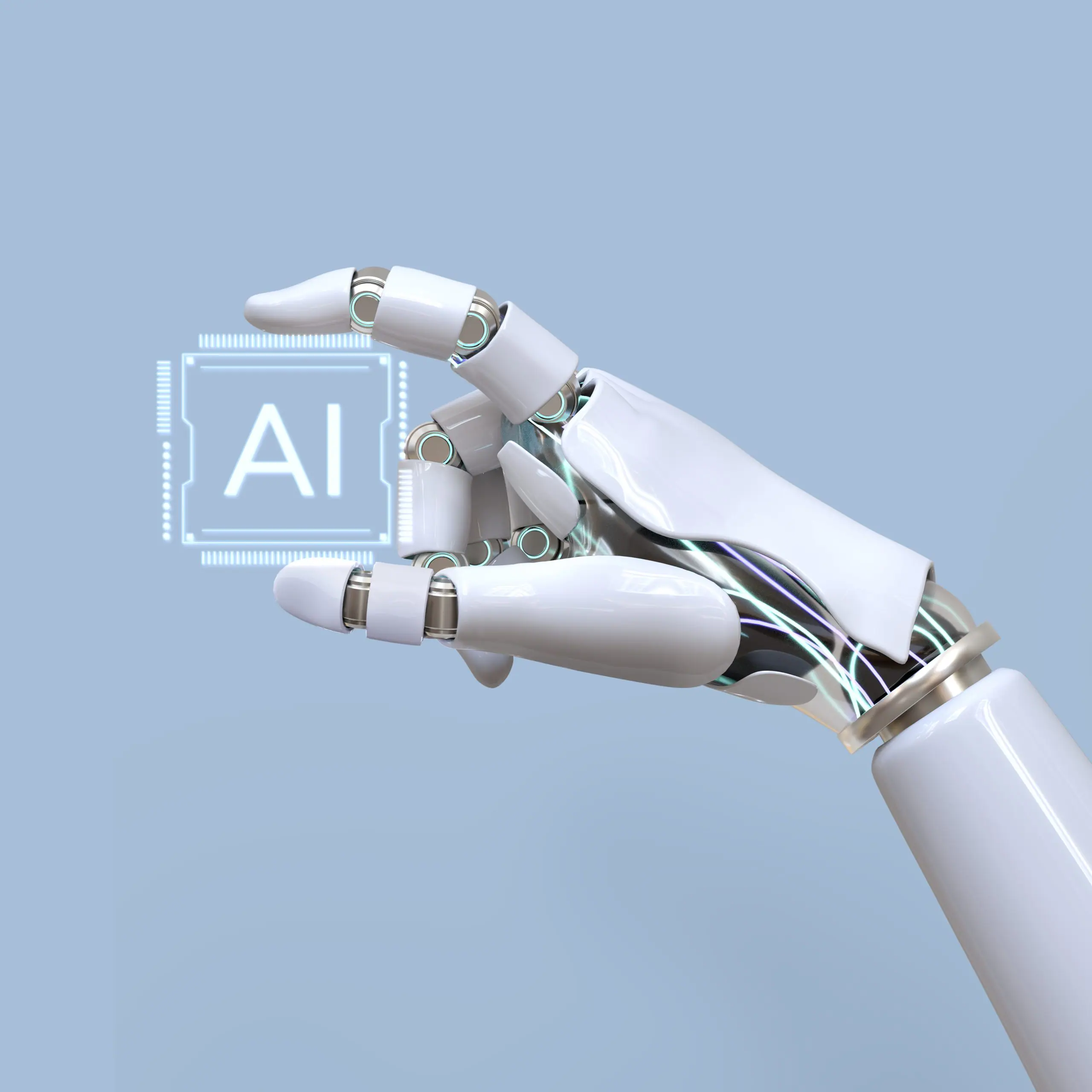 Uma mão de um robô, segurando as iniciais AI, em referência à inteligência artificial (IA)