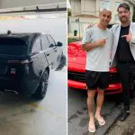O carro, da marca Land Rover (à esquerda); à direita, estão Ferreirinha e o comerciante Raphael Waideman, vítima do golpe | Foto: Reprodução/Redes sociais
