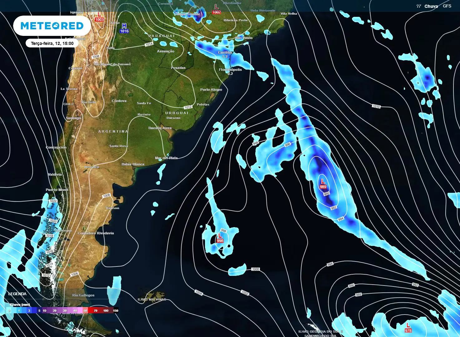 Mapa mostra a previsão de chuva na próxima terça-feira, 12, pelo modelo norte-americano