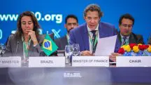 O ministro da Fazenda, Fernando Haddad, durante apresentação em painel do G-20: compromisso com o arcabouço fiscal e espera pela decisão de Lula | Foto: Diogo Zacarias/MF