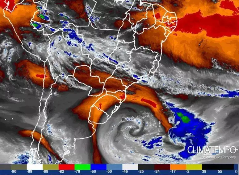Previsão da Climatempo mostra formação de ciclone bomba na costa da Região Sul | Foto: Reprodução/Climatempo