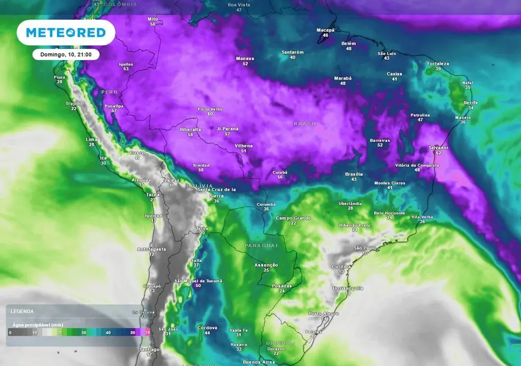Previsão de chuva no domingo mostra ausência de condições para formação de tempestades sobre Mato Grosso do Sul, São Paulo, Rio de Janeiro e parte de Minas Gerais.| Foto: Reprodução/MeteoRed