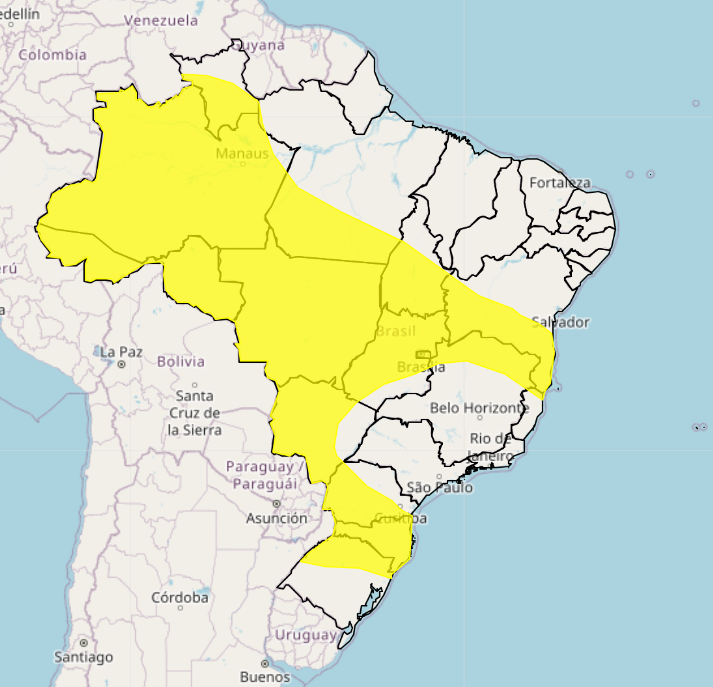 Mapa mostra regiões atingidas pelo alerta