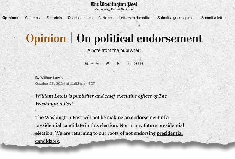 Editor do Washington Post, William Lewis, disse que o jornal não apoiaria um candidato presidencial na eleição americana deste ano ou em eleições futuras (25/10/2024) | Foto: Reprodução/Washington Post