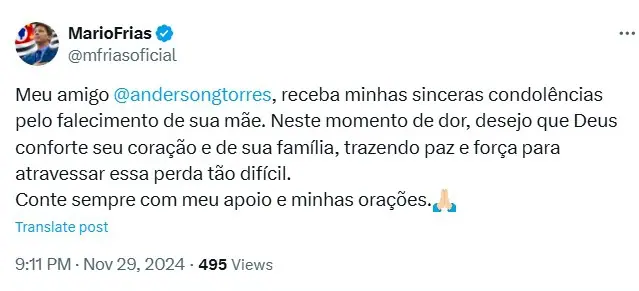 Mensagem do deputado federal Mario Frias (PL/SP)