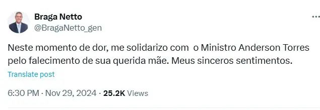Manifestação do ex-ministro e general da reserva Braga Netto | Reprodução/Twitter/X