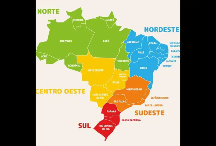 Mapa do Brasil com divisão por região e Estados