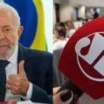 À esquerda, Luiz Inácio Lula da Silva; à direita, microfone da Jovem Pan