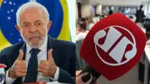 À esquerda, Luiz Inácio Lula da Silva; à direita, microfone da Jovem Pan