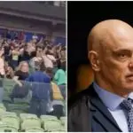 Pequeno grupo se manifesta durante show no estádio do Palmeiras que teve a presença do ministro do STF Alexandre de Moraes | Foto: Reprodução/Redes sociais