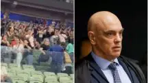 Pequeno grupo se manifesta durante show no estádio do Palmeiras que teve a presença do ministro do STF Alexandre de Moraes | Foto: Reprodução/Redes sociais