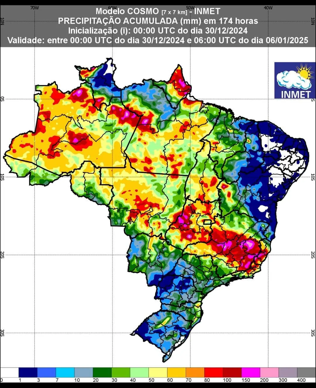 Mapa mostra a previsão de chuvas até a segunda-feira — 6/1/2025 