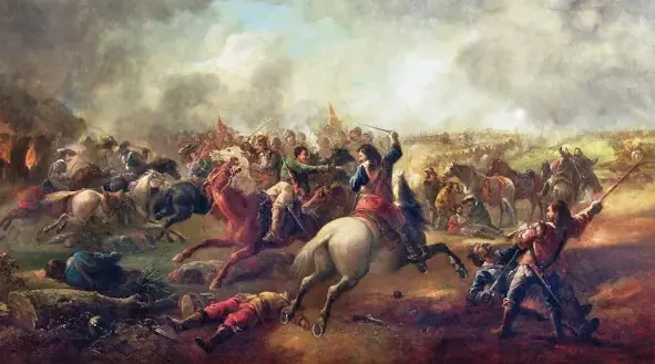 O quadro A Batalha de Marston Moor, de John Baker, retrata um dos conflitos da Revolução Puritana | Foto: Reprodução/Historia do Mundo