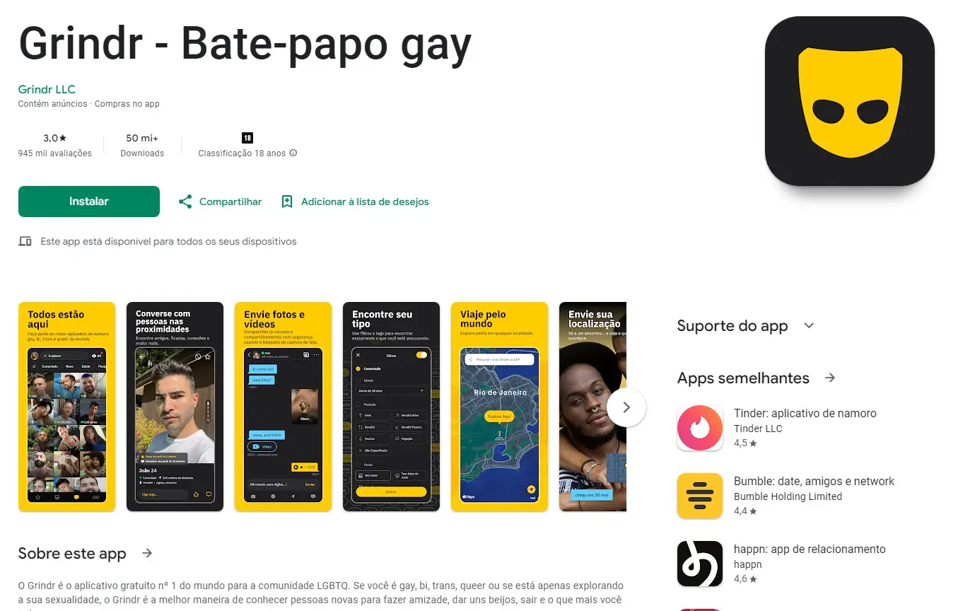 Página do Grindr na Play Store, loja de aplicativos do sistema Android | Foto: Reprodução