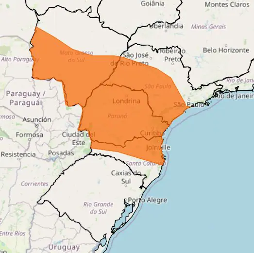 As áreas indicadas no mapa vão enfrentar chuva intensa de até 100 mm/dia e ventos fortes de até 100 km/h | Foto: Reprodução/Inmet