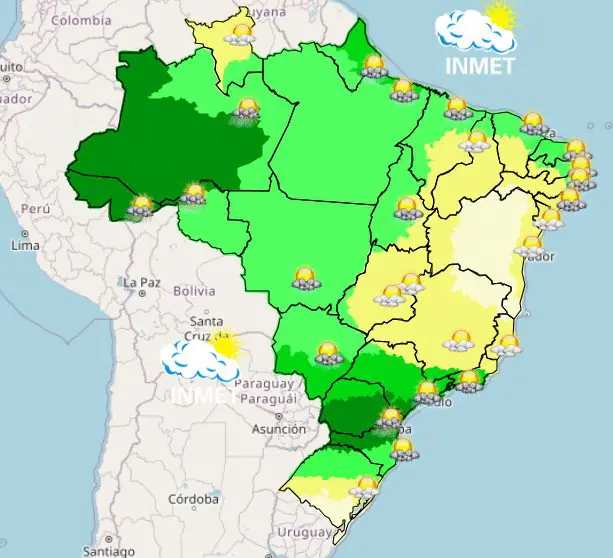 Mapa do Inmet com chuva intensa e calor