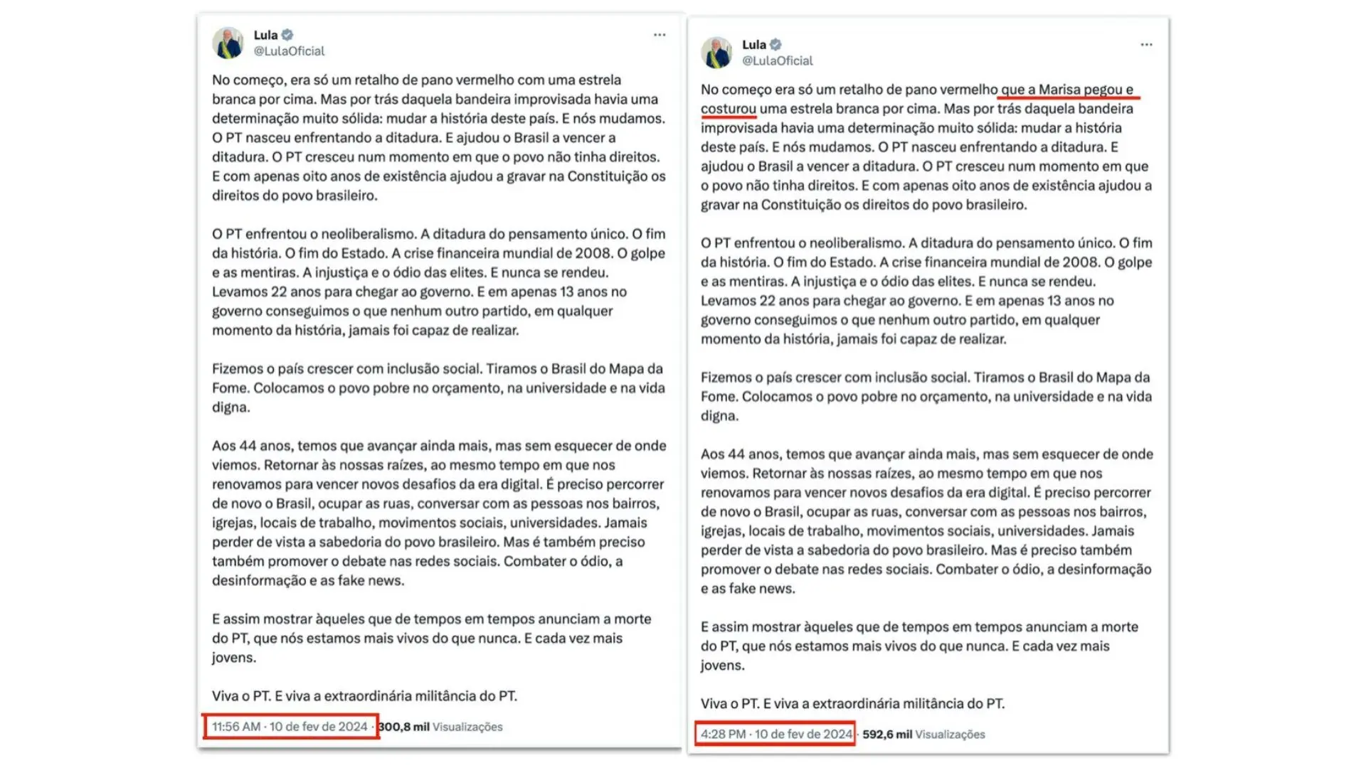 Homenagem aos 44 anos do PT, com mensagens alteradas para não constranger Janja: revolta do filho de Lula | Foto: Reprodução/Redes sociais