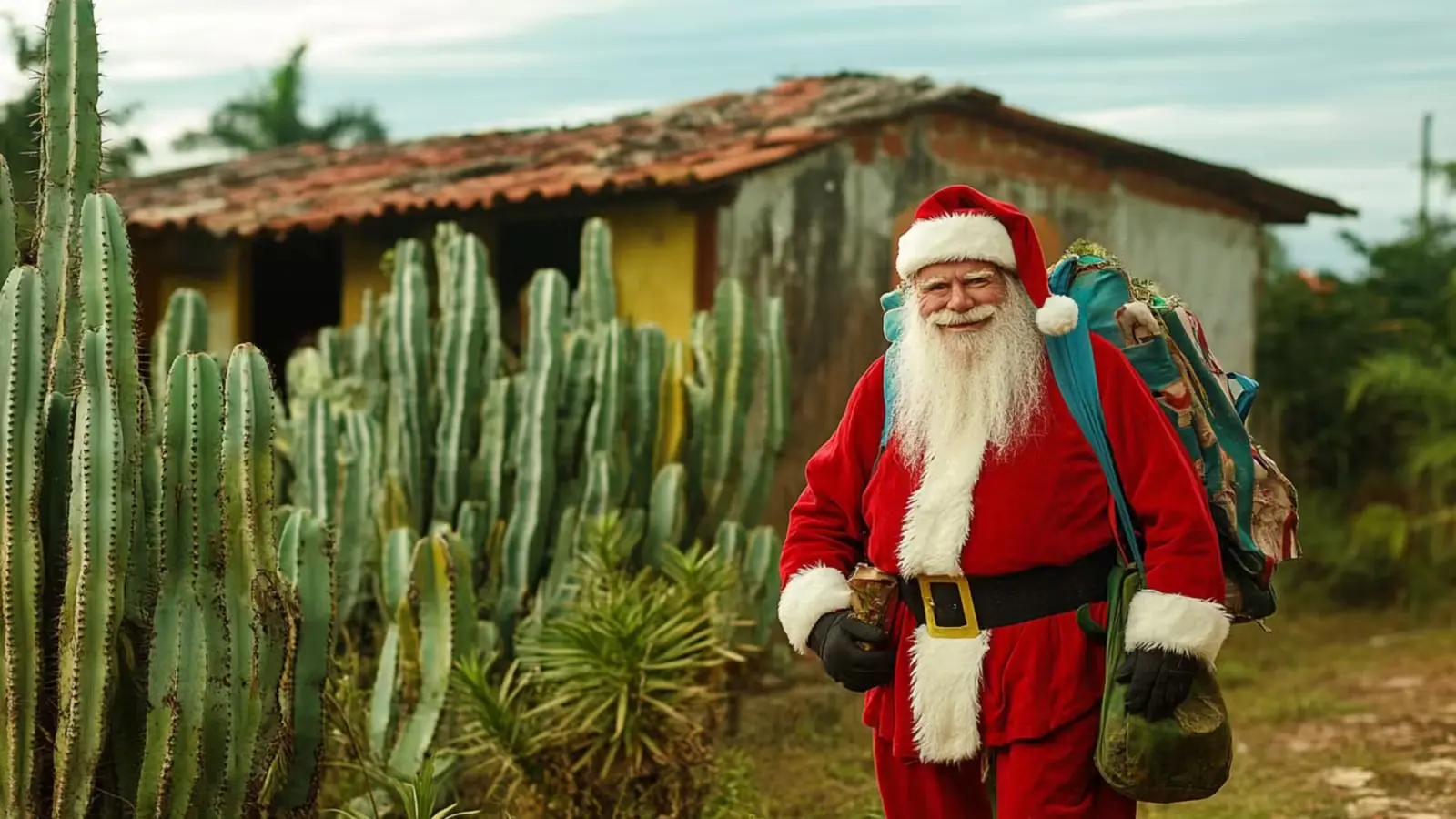 Papai Noel nordestino: sorriso em meio à paisagem do sertão árido | Reprodução: Midjourney/IA
