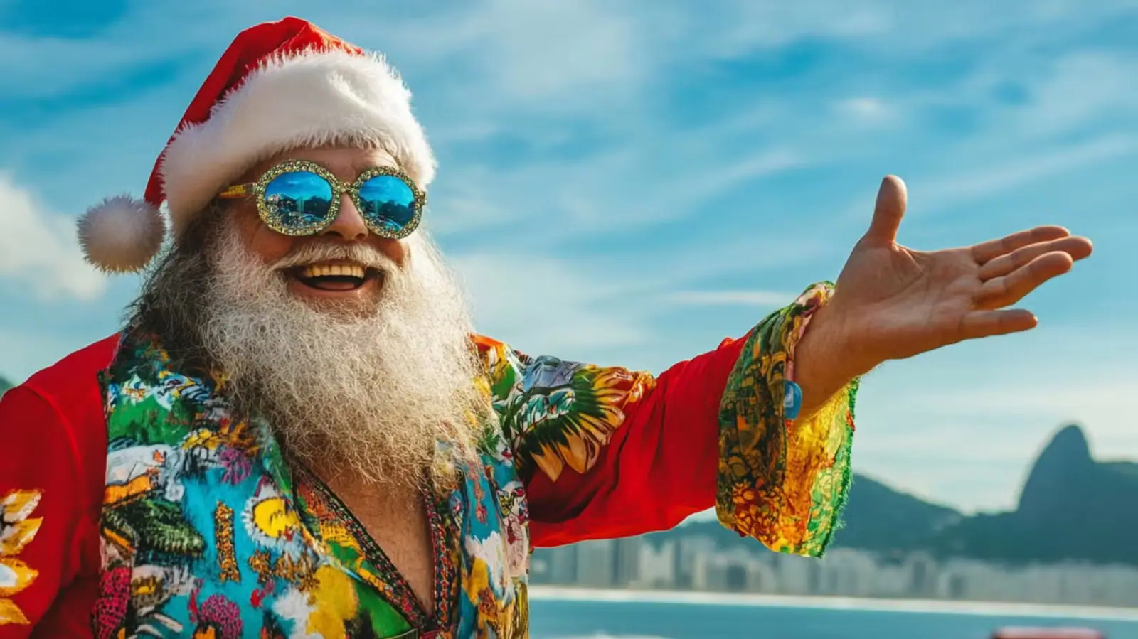 Papai Noel carioca: figura simpática com trajes coloridos à frente do Pão de Açúcar | Reprodução: Midjouney/IA