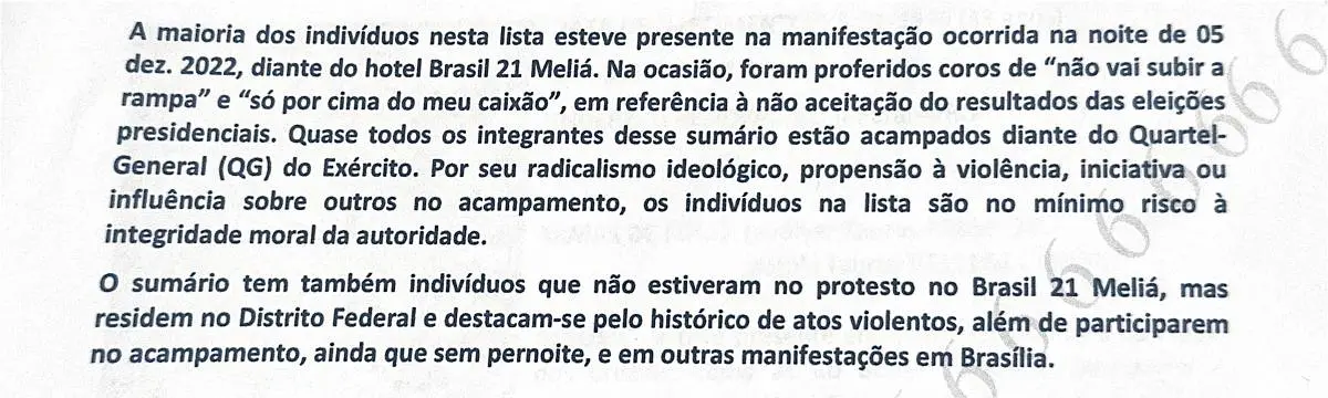 A Agência Brasileira de Inteligência entregou, em dezembro de 2022, três documentos com detalhes sobre os participantes de manifestações e acampamentos