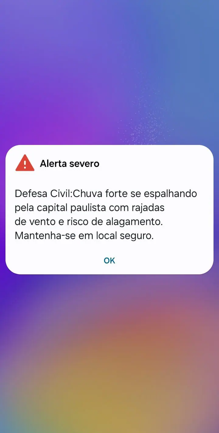 Alerta de chuva forte que a Defesa Civil enviou aos celulares | Foto: Reprodução/Anderson Scardoelli