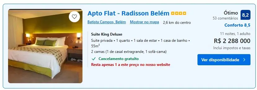 Cotação em plataforma de e-commerce para o período da COP30: 11 diárias por quase R$ 2,3 milhões | Foto: Reprodução/Booking.com