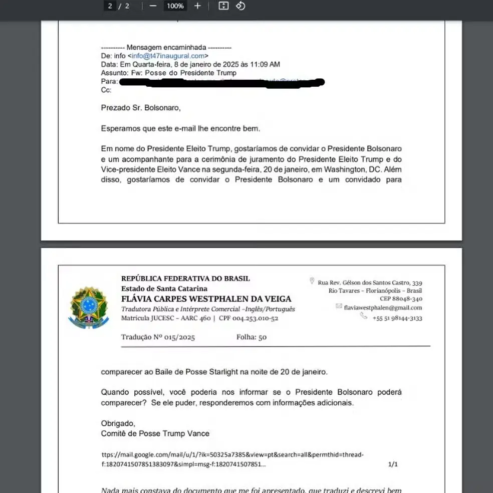 Documento enviado a Moraes pela defesa de Bolsonaro: convite por e-mail é tradição no processo norte-americano | Foto: Reprodução/Redes sociais