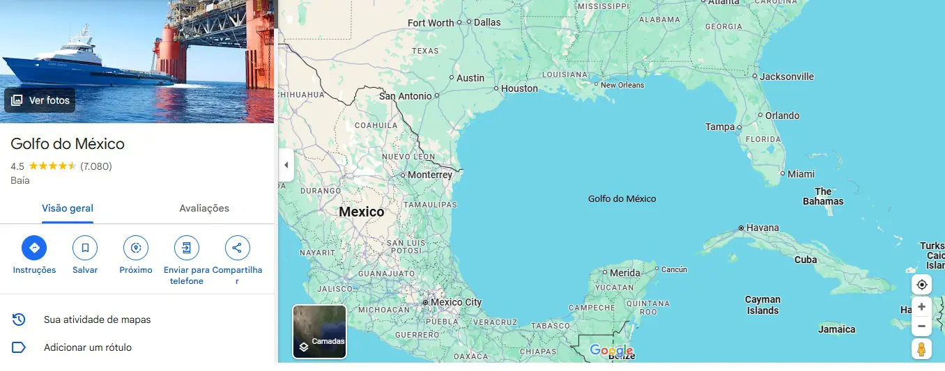 Captura de tela do Golfo do México, no Google Maps