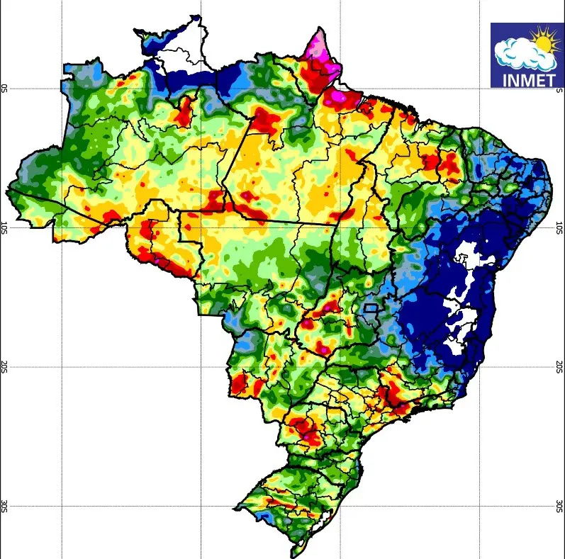 Na figura acima, tons de vermelho mostram os pontos do território brasileiro onde as chuvas podem cair com maior volume no período entre 20 e 27 de janeiro | Reprodução/Inmet